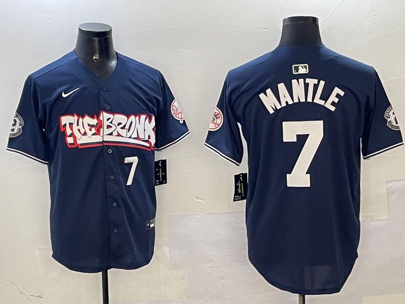 Men New York Yankees 7 Mantle Drak Blue four generations Joint Name 2025 Nike MLB Jersey style 5
